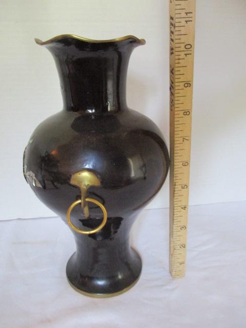 Brass Vase with Black Enamel and Mother of Pearl Flower