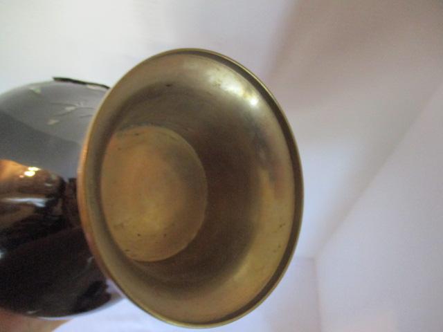 Brass Vase with Black Enamel and Mother of Pearl Flower