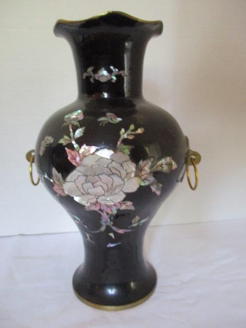 Brass Vase with Black Enamel and Mother of Pearl Flower