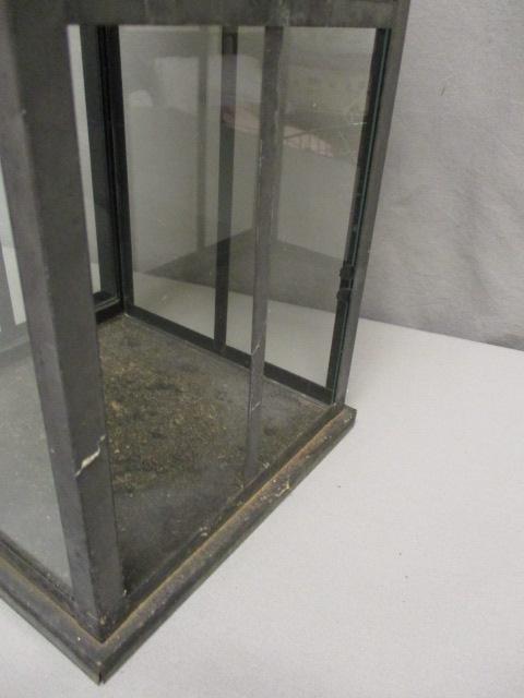 Large Glass & Metal Candle Holder w/Wood Handle - 2 Glass Panels Missing