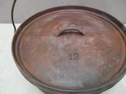 Very Nice 3 Footed Cast Iron Pot w/Bale Handle & Lid  "Dutch Oven" Marked No. 12