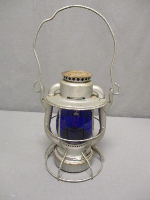 WOW! Fantastic Antique Railroad Lantern w/Blue Glass Globe - See All Photos