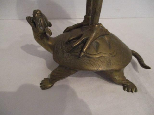 Brass Crane and Turtle Candlestick