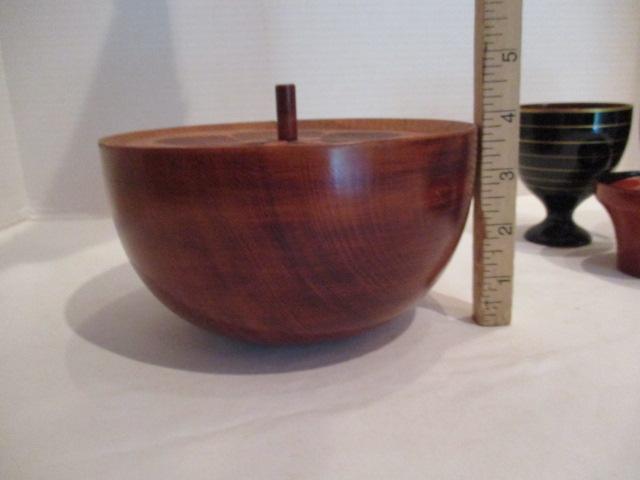 Japanese Pickle Bowls, Wood Bowl with Carved Lid, Pedestal Bowls, Pickle Fork