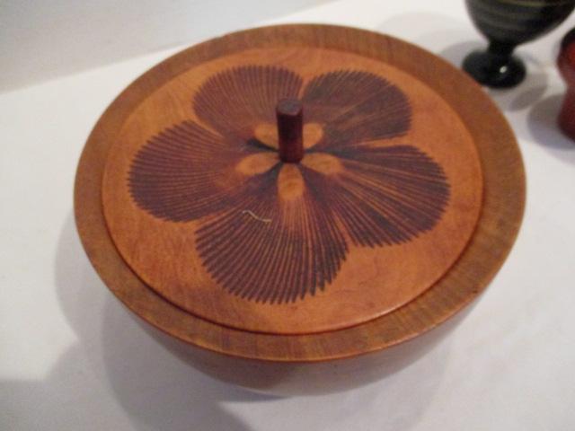 Japanese Pickle Bowls, Wood Bowl with Carved Lid, Pedestal Bowls, Pickle Fork