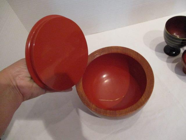 Japanese Pickle Bowls, Wood Bowl with Carved Lid, Pedestal Bowls, Pickle Fork