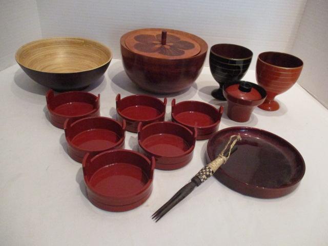 Japanese Pickle Bowls, Wood Bowl with Carved Lid, Pedestal Bowls, Pickle Fork