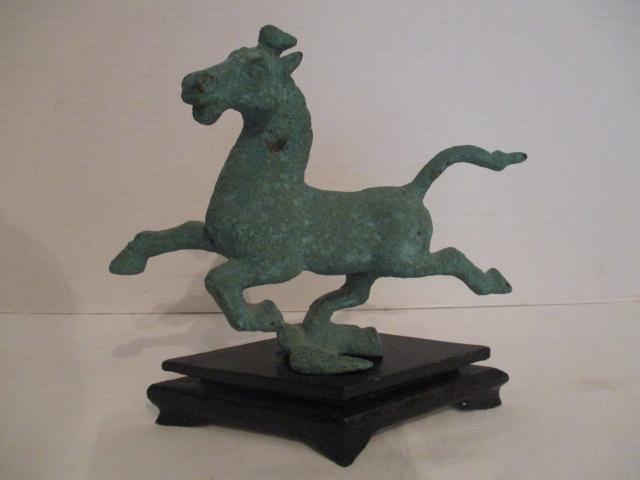 Chinese Bronze Horse Sculpture on Wood Base