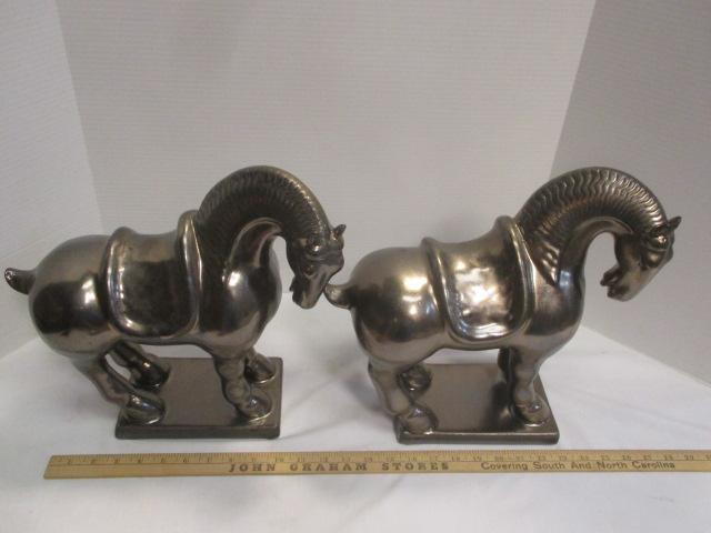 Pair of Ceramic Horse Statues with Metallic Paint