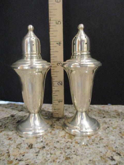 PR of Empire Weighted Sterling Shakers and Duchin Etched Glass Bud Vase with