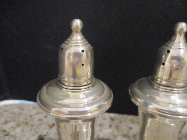 PR of Empire Weighted Sterling Shakers and Duchin Etched Glass Bud Vase with