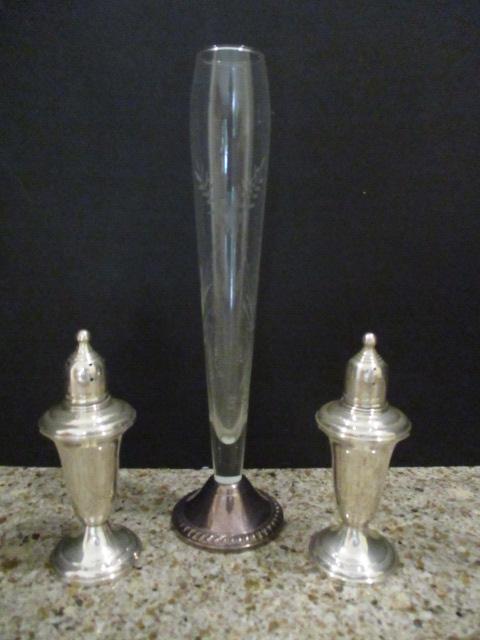 PR of Empire Weighted Sterling Shakers and Duchin Etched Glass Bud Vase with