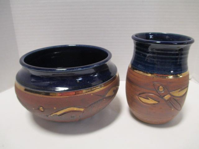 Signed Hand Turned Pottery Vase and Bowl