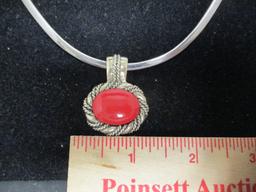 Sterling Silver Wire Necklace w/ Red Pendant
