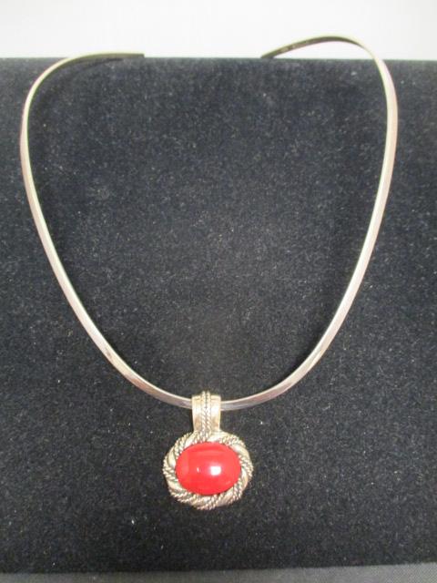 Sterling Silver Wire Necklace w/ Red Pendant