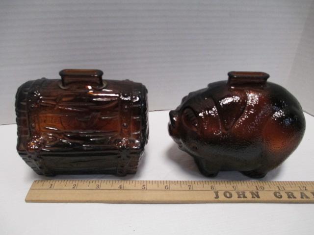 Vintage Pig and Treasure Chest Amber Glass Coin Banks