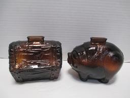 Vintage Pig and Treasure Chest Amber Glass Coin Banks