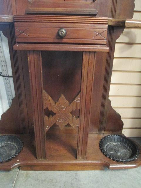 Antique Hall Tree with One Drawer, Marble Insert and Cast Metal Umbrella Drip Pans