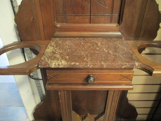 Antique Hall Tree with One Drawer, Marble Insert and Cast Metal Umbrella Drip Pans