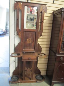 Antique Hall Tree with One Drawer, Marble Insert and Cast Metal Umbrella Drip Pans