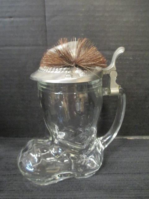 Clear Glass Boot With Gent's Hat Lid And Etched Floral Beer Steins