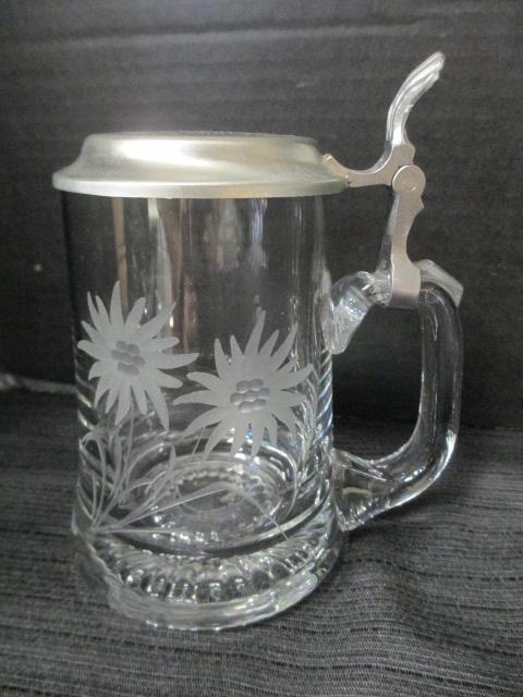 Clear Glass Boot With Gent's Hat Lid And Etched Floral Beer Steins