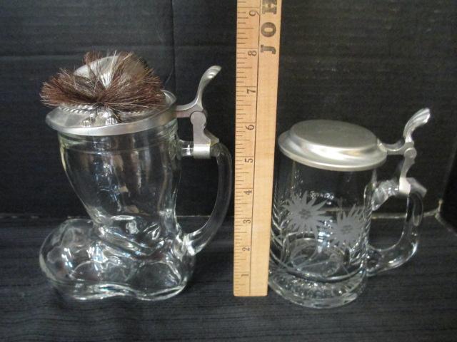 Clear Glass Boot With Gent's Hat Lid And Etched Floral Beer Steins