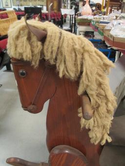 Vintage Handcrafted Rocking Horse with Wool Yarn Mane and Tail