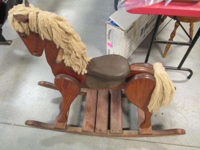Vintage Handcrafted Rocking Horse with Wool Yarn Mane and Tail