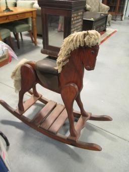 Vintage Handcrafted Rocking Horse with Wool Yarn Mane and Tail