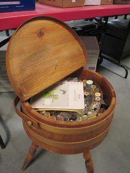 3 Legged Banded Barrel Top Sewing Table with Sundries