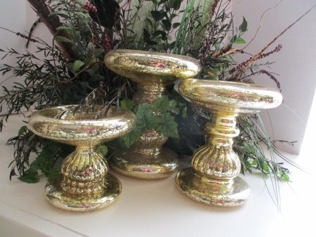 3 Pc Tiered Gold Mercury Glass Style Pilar Holders and Pair of Tiles with