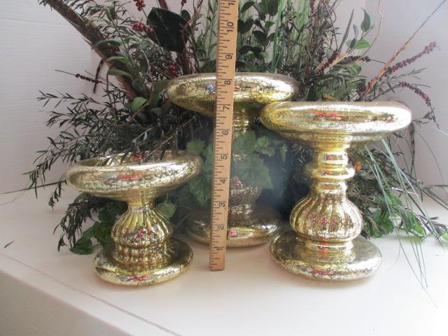 3 Pc Tiered Gold Mercury Glass Style Pilar Holders and Pair of Tiles with