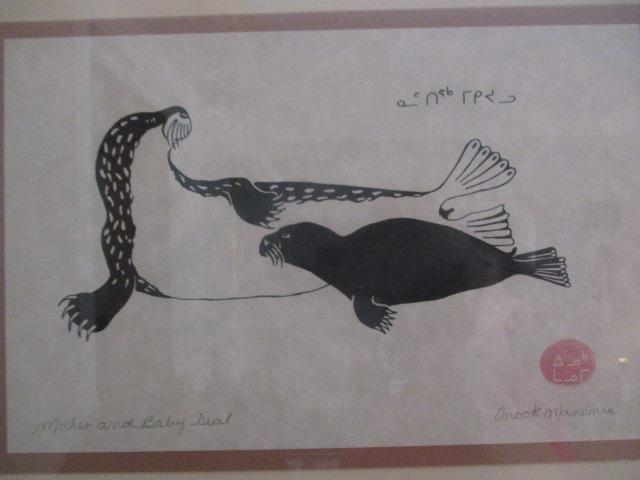 Pencil Signed Original Wood Block Print "Mother and Baby Seal" by Enook Manomie