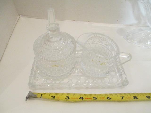Cut Crystal and Glass  Dish, Candle Sticks, Creamer and Sugar