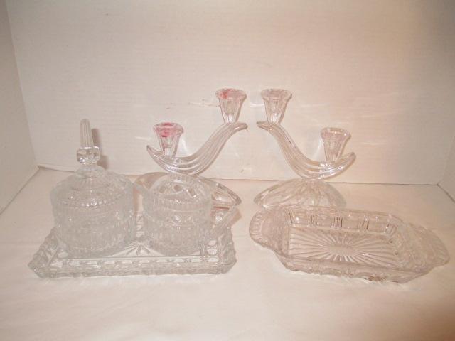 Cut Crystal and Glass  Dish, Candle Sticks, Creamer and Sugar