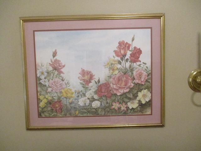 Signed and Numbered Floral Print by Haynes and Pair of Brass Candle Sconces