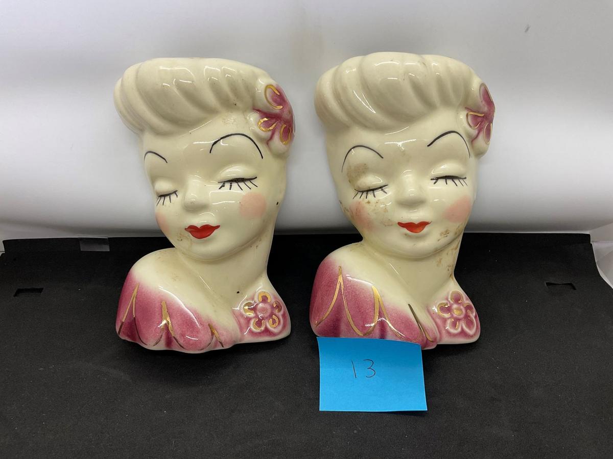 PAIR WALL POCKET HEAD VASES