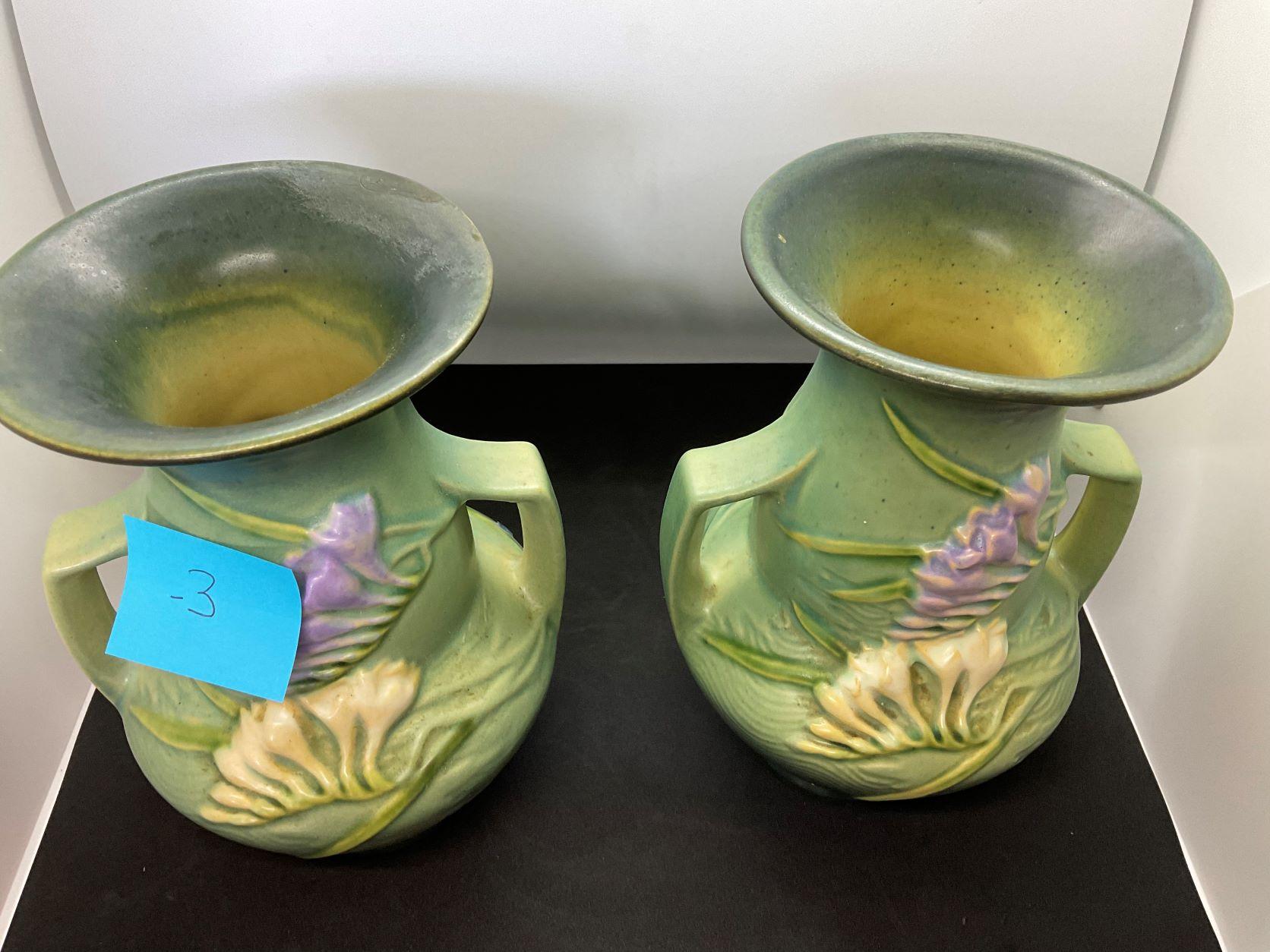 ROSEVILLE PAIR GREEN FREESIA VASES 122-8