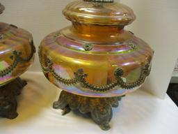 Pair of Mid Century Falkenstein Iridescent and Antique Brass Lamps