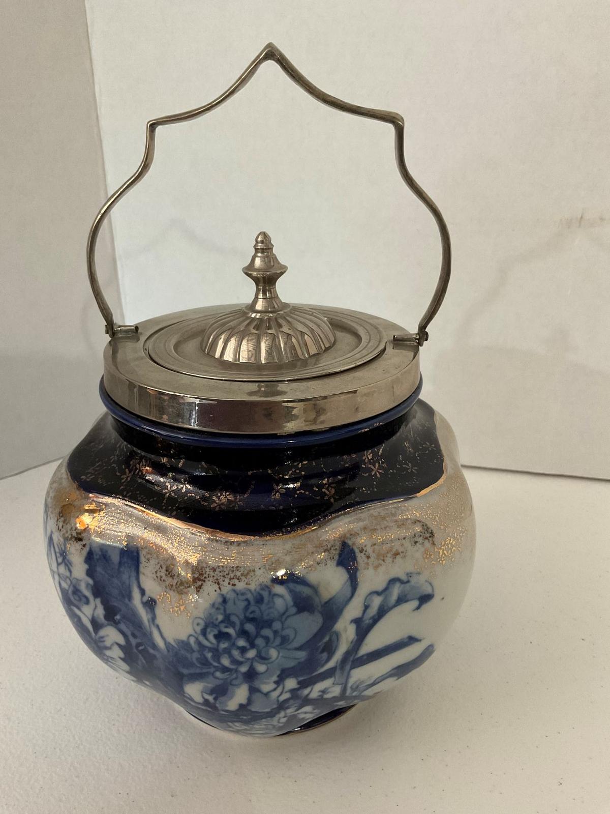 Vintage or Antique Royal Doulton Blue, White & Gold Biscuit Jar