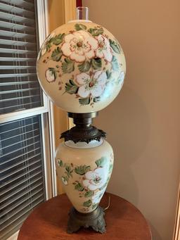 Vintage Very Large  Large Painted Hurricane Lamp, bottom marked M.C. Co.