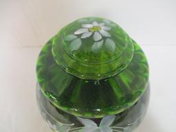 Hand Painted Green Art Glass Lidded Jar