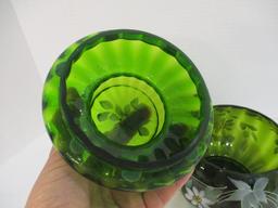 Hand Painted Green Art Glass Lidded Jar