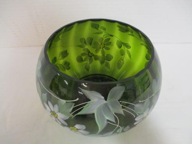 Hand Painted Green Art Glass Lidded Jar