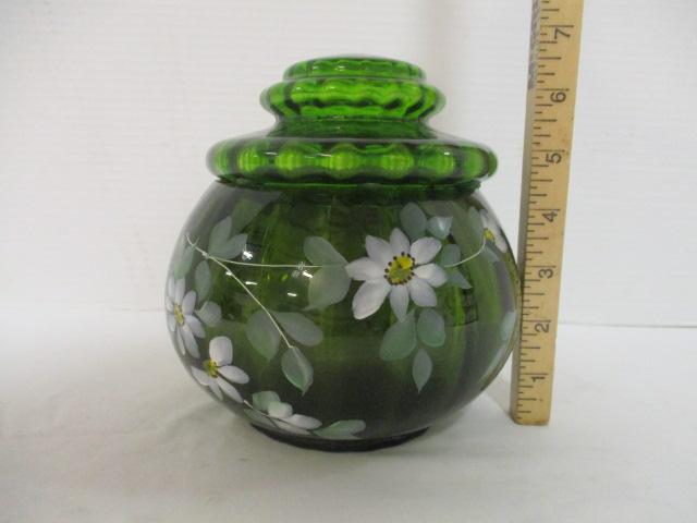 Hand Painted Green Art Glass Lidded Jar