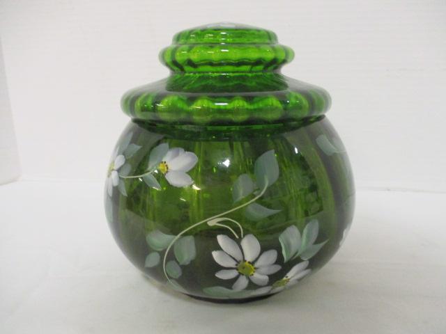 Hand Painted Green Art Glass Lidded Jar