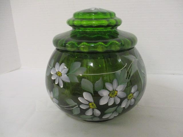 Hand Painted Green Art Glass Lidded Jar