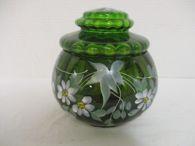 Hand Painted Green Art Glass Lidded Jar