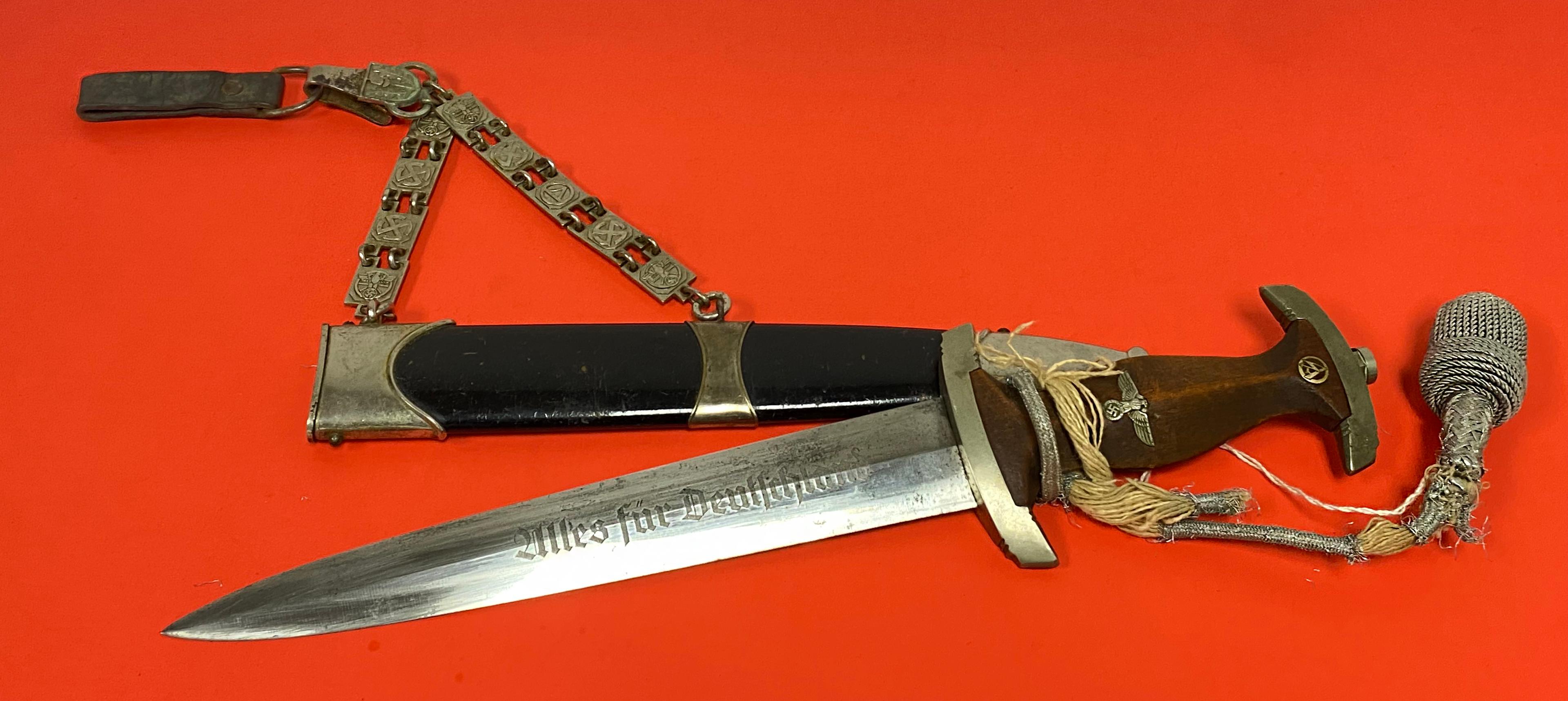 German NSKK Chained Officer Dagger by Gebr Krusius w/ Scabbard & Portepee